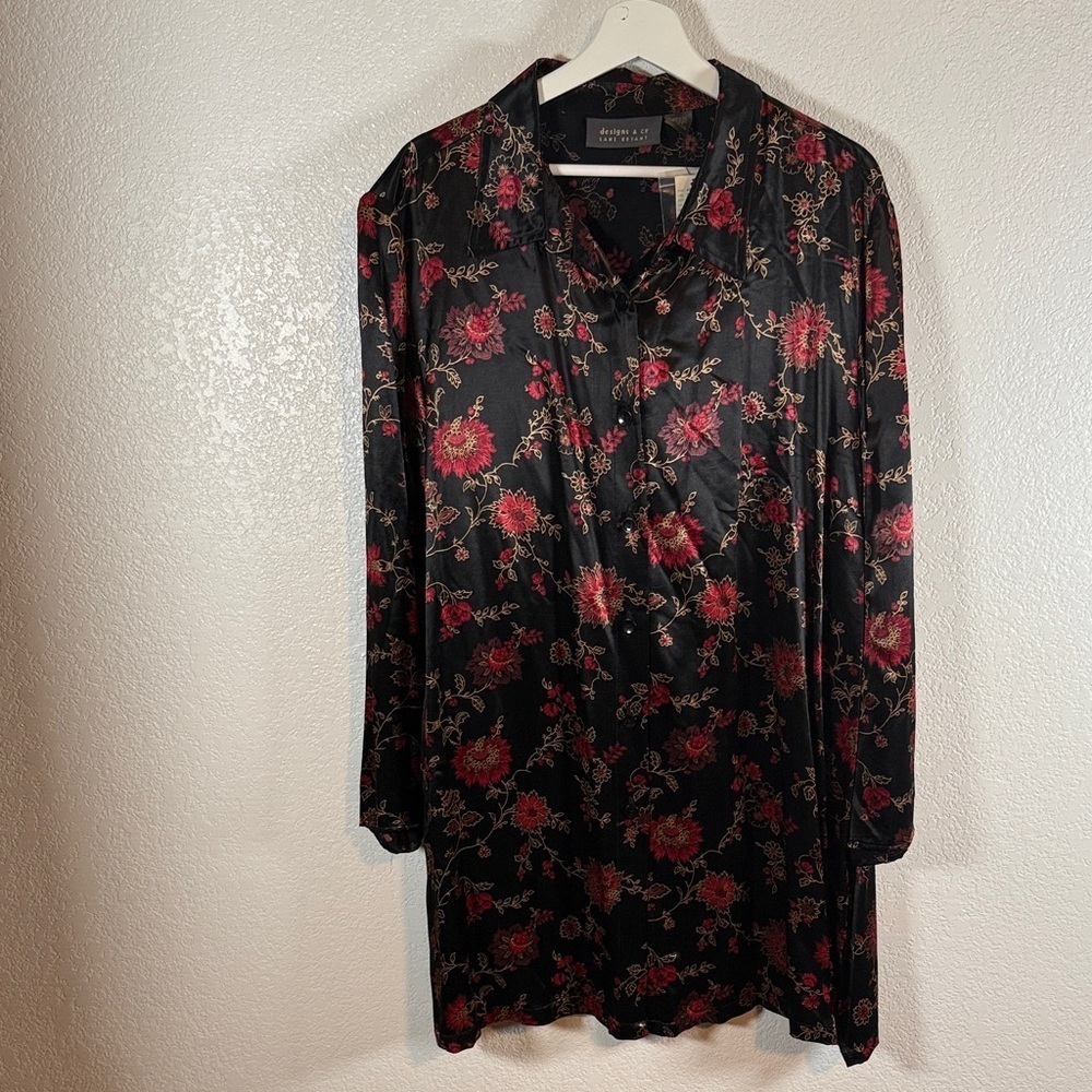 Lane Bryant Vintage 90s Dark Floral Satiny Button Down Tunic Size 22/24 NWT